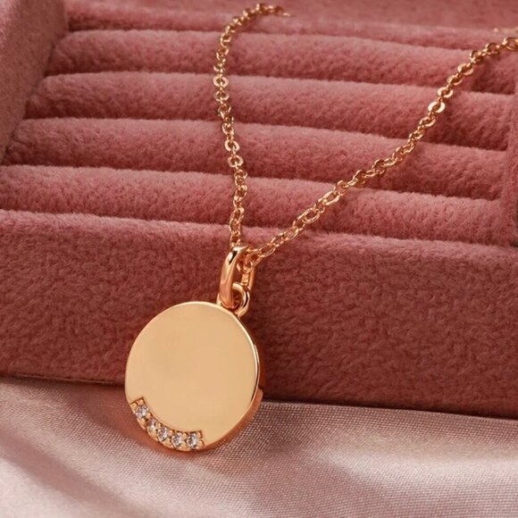 NWT Round Pendant Necklace 14K Rose Gold Plated CZ Pave Thin Chain Minimalist - Picture 2 of 12